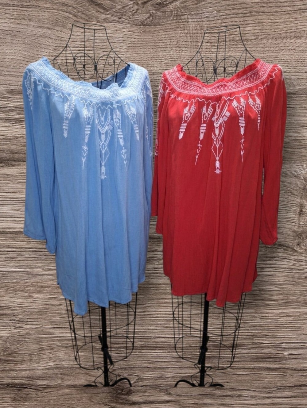 Boho-Chic Peasant Top Bundle - Terre Bleue Embroidered Rust & Blue - Size L".